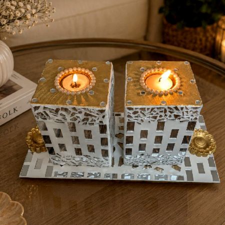 Handcrafted Mirror Mosaic Pillar Tealight Holder with Tray Pair